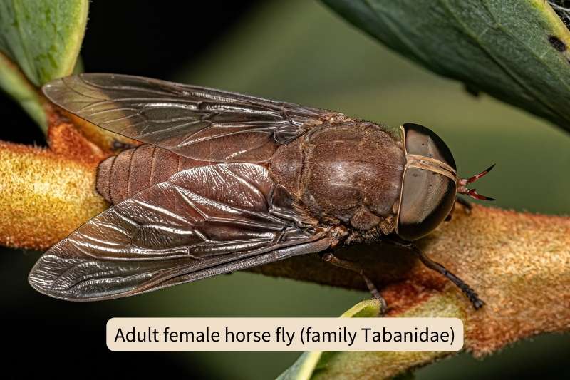 A female horse fly (family Tabanidae) is perched on a twig. Her body is dark, chocolate brown, with transparent wings and the enormous eyes characteristic of horse flies, although hers do not meet in the middle of her head like those of males.